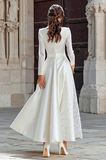Elegant Ivory Satin A-Line Maxi Wedding Dress With Lace Long Sleeves